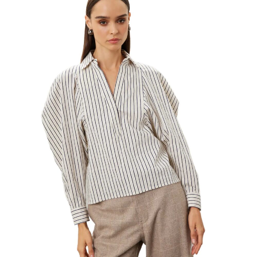 BA&SH Felisha Shirt Stripe Top XS Boxy Balloon Sleeve Navy White